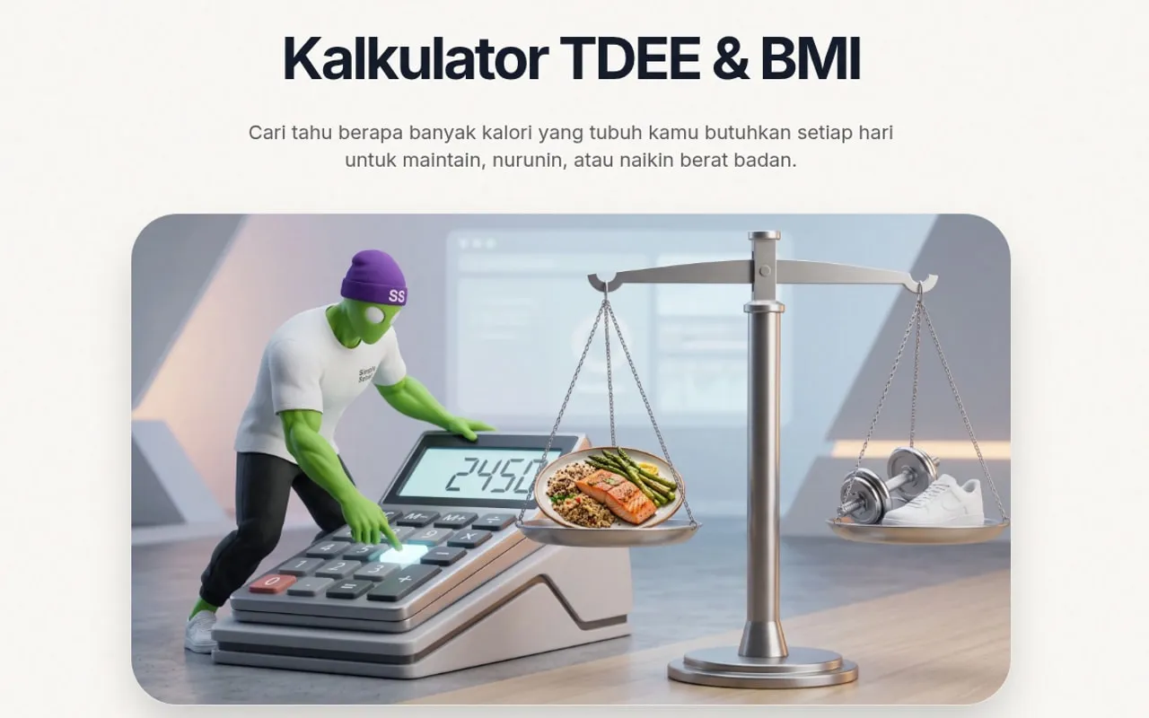 Halaman Kalkulator TDEE & BMI di simplesehat.com, dengan maskot menekan kalkulator bertuliskan 2450