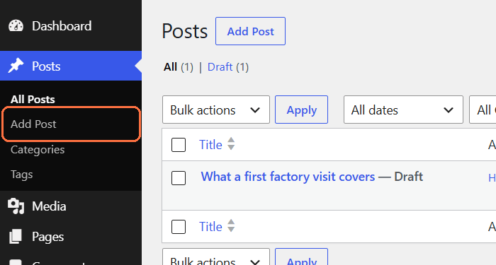 Menu kiri panel WordPress, Posts terbuka, dengan Add Post ditandai