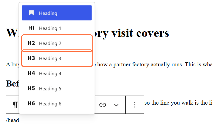 Menu yang muncul setelah mengetik /head di baris kosong, dengan Heading 2 dan Heading 3 ditandai