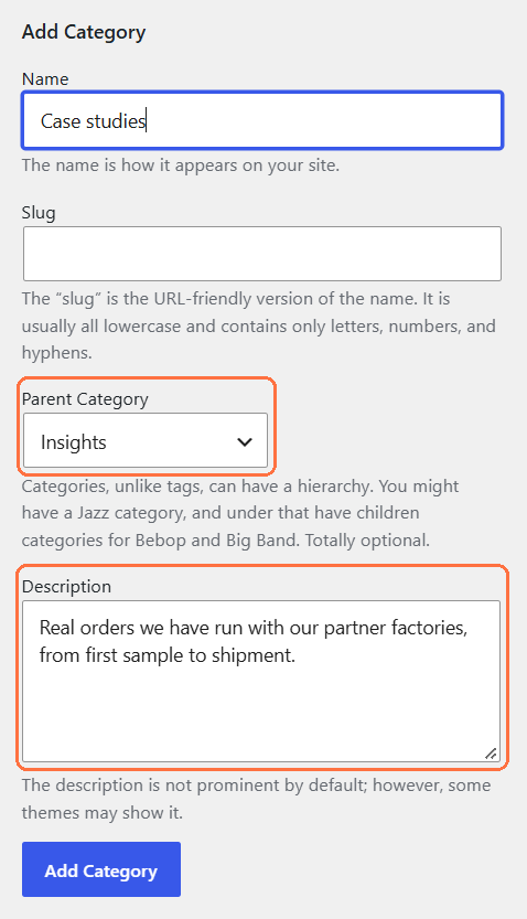 Formulir Add Category: Parent Category berisi Insights dan kolom Description ditandai