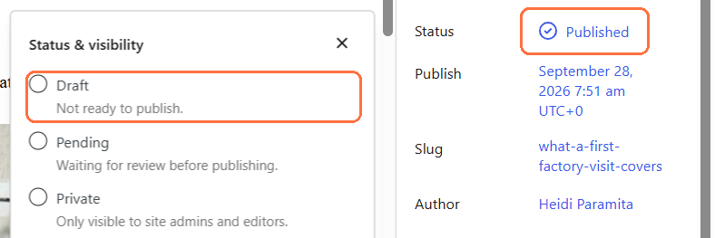 Pilihan status artikel: status Published dan pilihan Draft ditandai